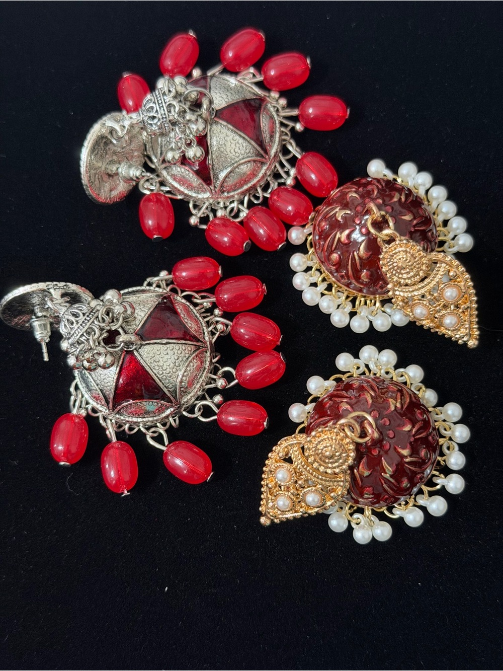 Red Beaded Ethnic Statement Earrings - Unbranded